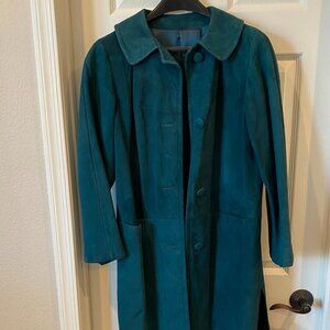 Vintage 1960s Teal Green Suede Mid Length Coat Size M? Lined